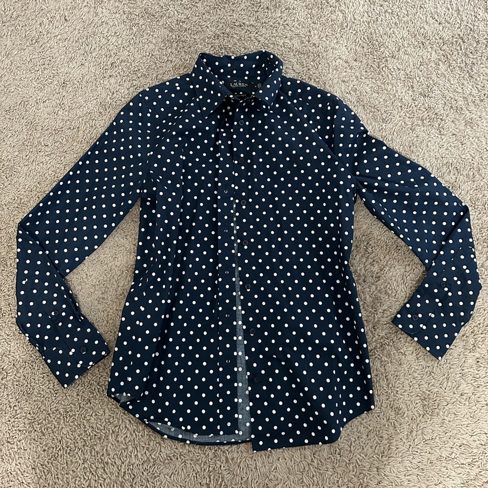 Ralph Lauren Non Iron Navy Polka Dot Button-Up Shirt